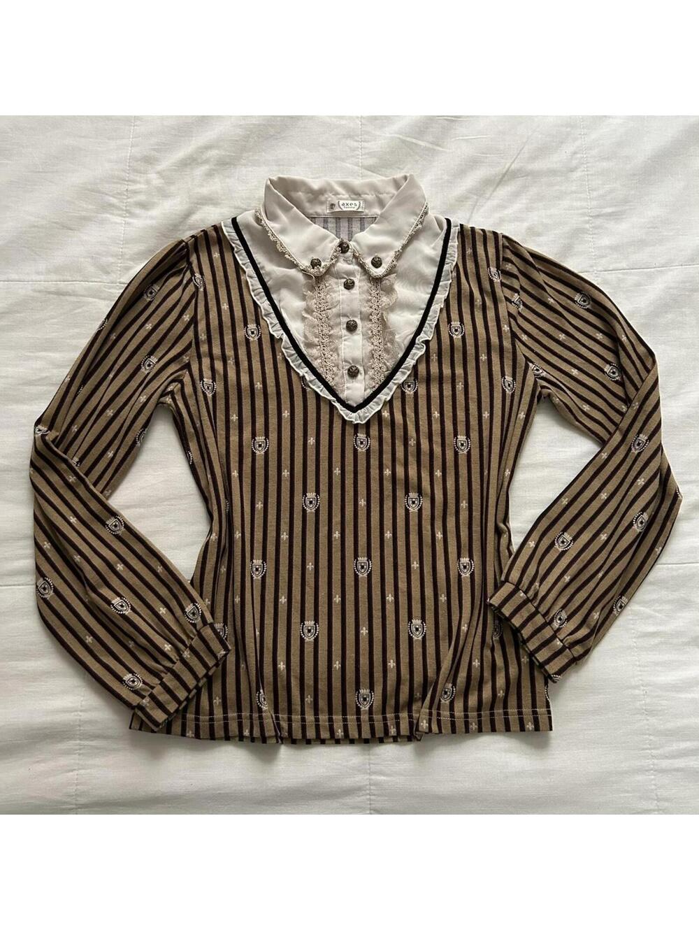 Axes Femme brown striped long sleeve blouse lace collar bib detail and buttons